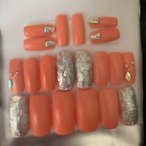 Coral and bling short press on nails